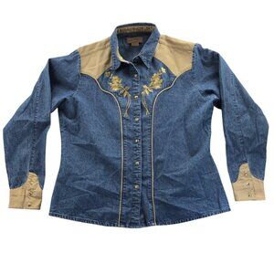 Wrangler Women's Western Embroidered Denim Shirt Large Pearl Snaps Long Sleeve